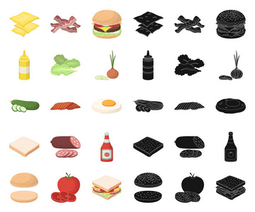 汉堡和配料卡通, 黑色图标在集合中设计。汉堡烹饪矢量符号股票网页插图