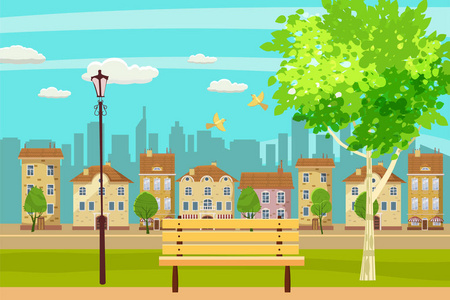 户外春天卡通春天风景城市公园.在室外的长凳上.鸟儿在歌唱.蓝天.