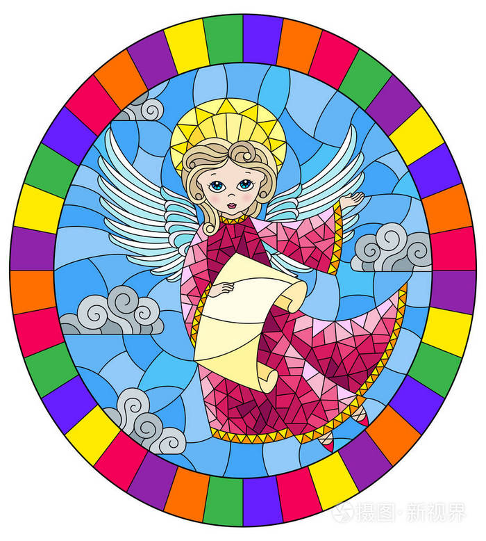 彩色玻璃风格的插图,卡通天使穿着粉红色的连衣裙,手中拿着卷轴,以