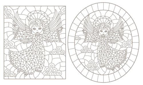 彩色玻璃的轮廓插图，有天使，椭圆形和矩形图像，黑色轮廓在白色背景上