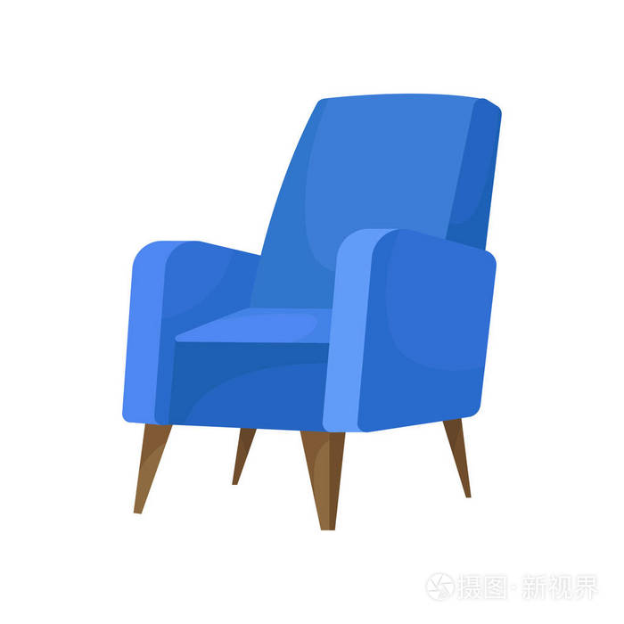 舒适的蓝色扶手椅, 木腿.舒适的椅子客厅.柔软的家具.平面矢量图标