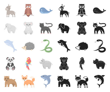 一个不现实的动物卡通, 黑色的图标在集合的设计集合。玩具动物向量标志股票网例证