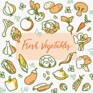 新鲜蔬菜的无缝矢量图案。 带有文本位置的标签模板。 天然食物插图。 有机营养。 包装菜单厨房纺织品设计。
