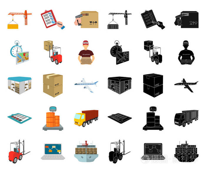 物流和交付卡通, 黑色图标在集合中的设计.