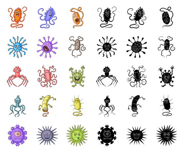 有趣的微生物卡通的类型, 黑色图标在集合中的设计。微生物病原病原体符号股票网例证