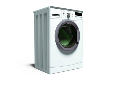蓝色洗衣机洗衣服家庭3D渲染白色背景与阴影