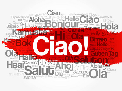ciao(用意大利语问候)世界不同语言中的词云背景概念照片
