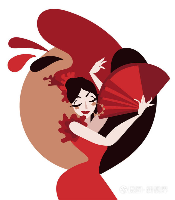 弗拉门戈展示卡通风格吉普赛舞者矢量插图海报