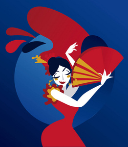 弗拉门戈展示卡通风格吉普赛舞者矢量插图海报照片