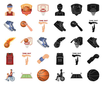 篮球和属性卡通, 黑色图标在集集合为设计。篮球运动员与设备矢量符号股票 web 插图