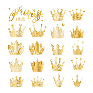 一套涂鸦素描皇冠为您的设计。 金冠标志设置在白色背景公主戴德姆符号涂鸦插图美丽和时尚购物概念。 矢量图。