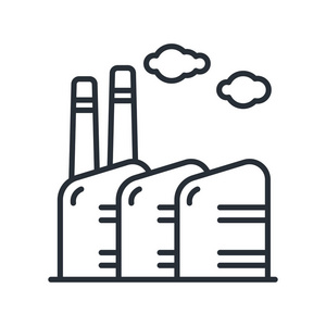 带烟蒸汽管的工厂工业生产大楼。 矢量平线笔画图标。
