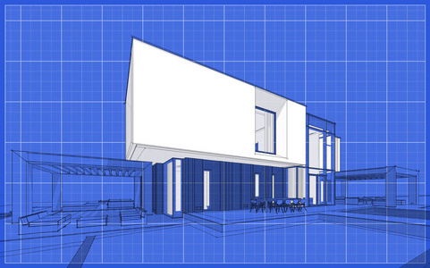 现代舒适住宅花园三维渲染草图与车库出售或租赁。 图形黑线草图与白点在蓝图背景。