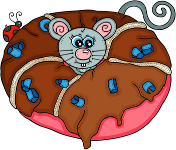 可爱的灰鼠从巧克力甜甜圈里走出来