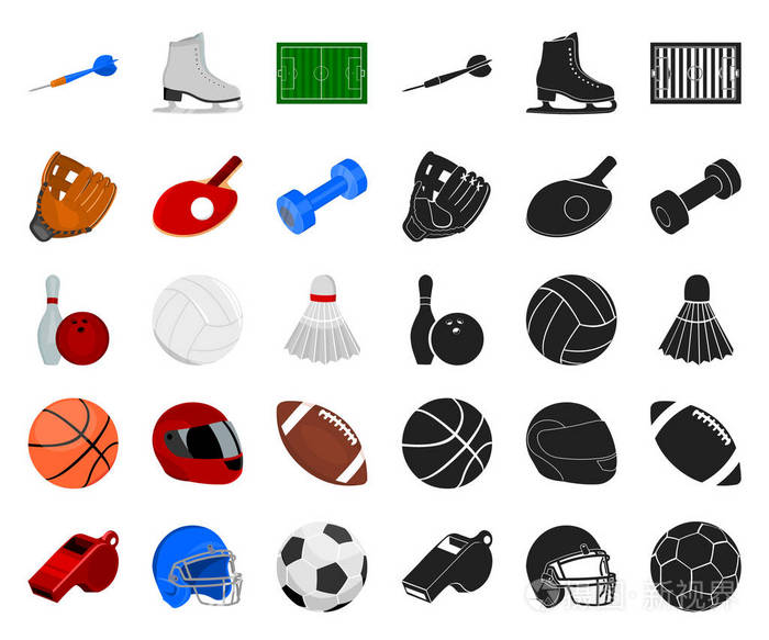 不同种类的运动卡通, 黑色图标在集合集合设计.