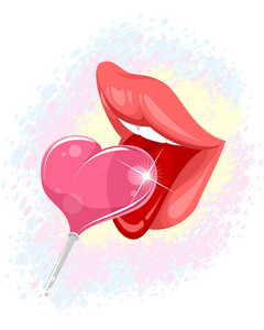 心脏形状的嘴唇和棒棒糖矢量插图