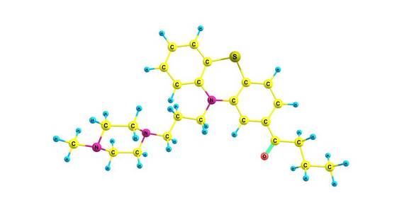 布帕嗪是一种典型的吩噻嗪类抗精神病药物。 三维插图