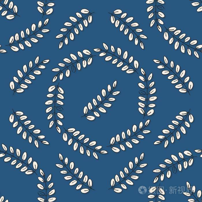 蓝色背景,单色图形,自然,花卉,无缝图案上的叶子杂乱和花环