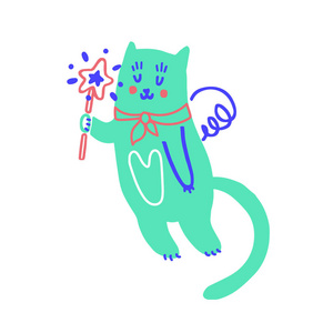 可爱的猫拿着一根魔杖。矢量颜色字符。情人节手绘插图。带着爱, 一个浪漫的动物。斯堪的纳维亚插图