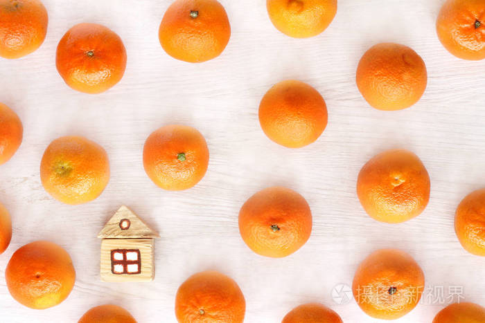 一座木屋的布局，周围是成熟的水果橘子有橙色心情的土地