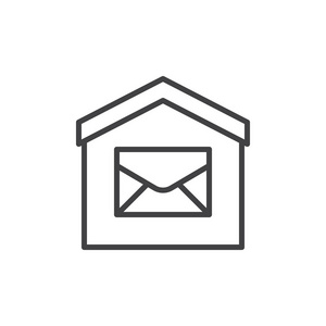 房屋和信封线图标轮廓矢量标志线性风格象形文字隔离在白色上。 邮局符号标志插图。 可编辑笔画。 像素完美
