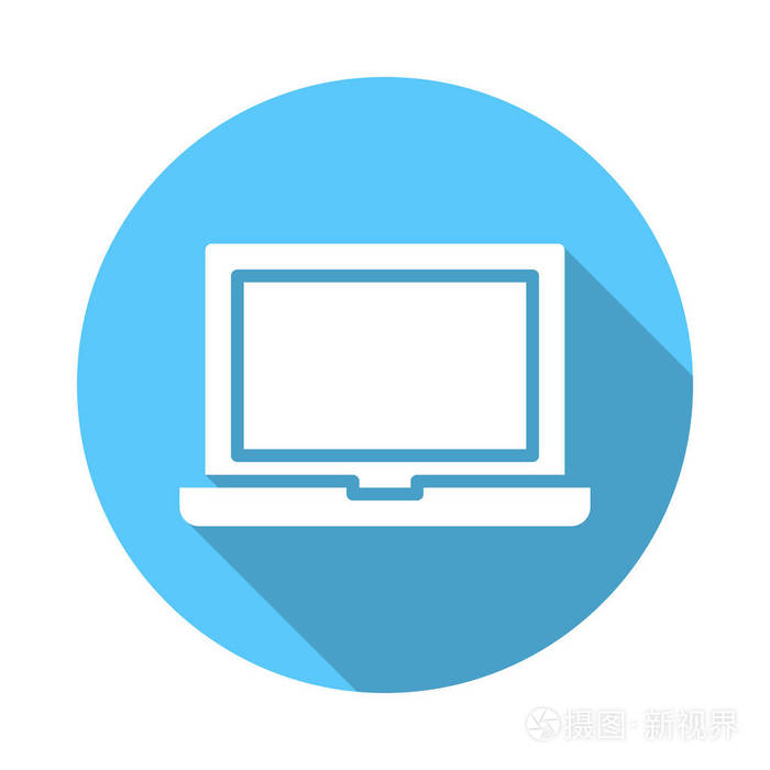 笔记本电脑平面图标. 圆形彩色按钮圆形矢量符号,具有长阴影效果.