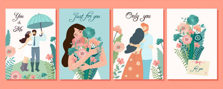 s Day. Beautiful illustrations with flowers and loving couples.