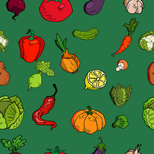 手绘蔬菜无缝图案。 健康食品载体背景