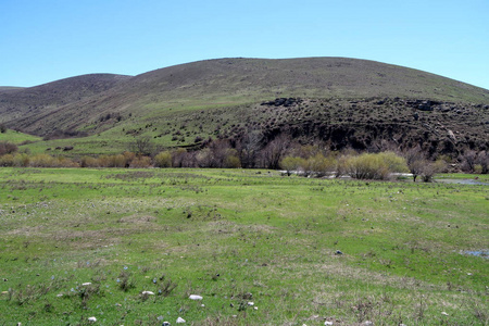 山石丘陵绿色草地春季景观