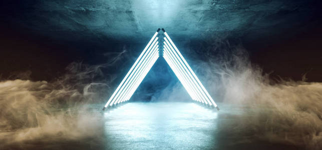 未来感S CI FI霓虹灯发光三角形管灯在黑暗空烟雾厅与反射混凝土材料蓝白冰发光舞蹈灯3渲染插图。