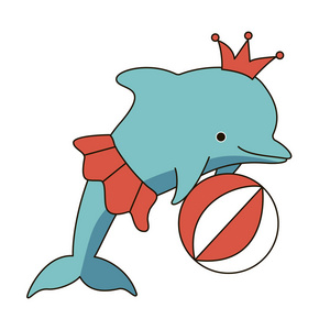 可爱的卡通蓝色微笑海豚女孩带球和皇冠照片