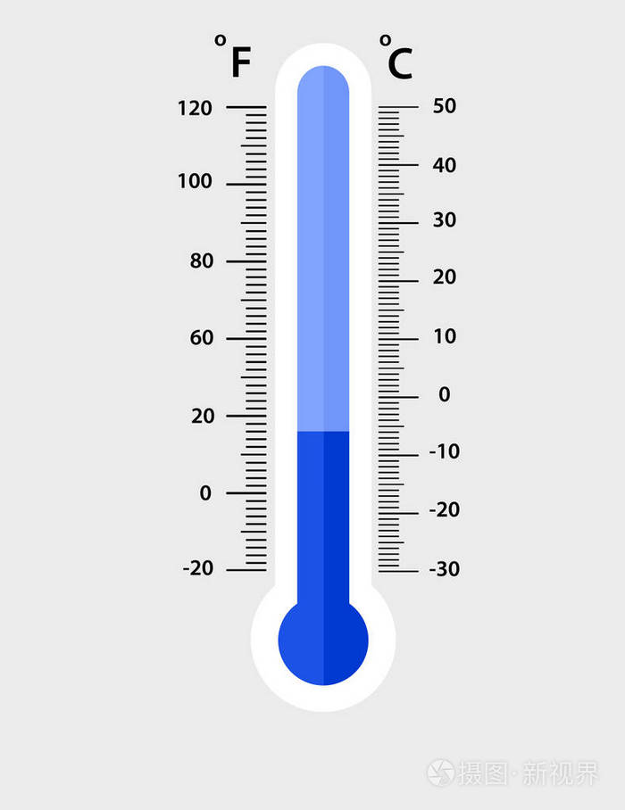 摄氏度和费伦特气象温度计测量。冷, 向量例证。显示寒冷天气的温度计设备