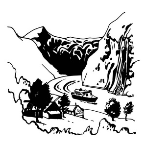 矢量黑白. 岩石马达船河. 美丽的风景照片