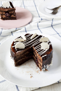 自制巧克力樱桃蛋糕在白色盘子侧面视图。 特写镜头。