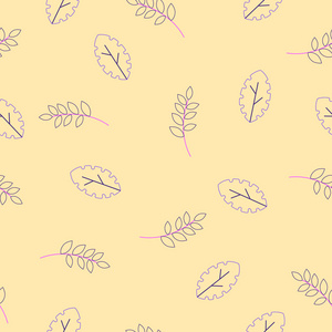 现代平面幻想的植物区系无缝模式，叶花植物分枝矢量简约设置在黄色背景上