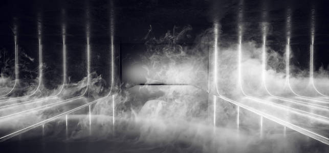 科幻未来主义现代外星飞船舞蹈灯光室画廊大厅与霓虹灯白光管暗烟雾室空空间为文本3D渲染插图