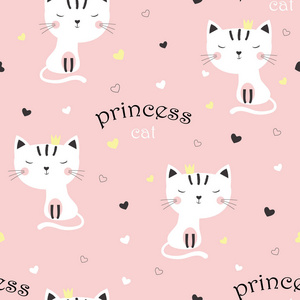 图案与卡通可爱的猫女孩在粉红色背景与多色心，壁纸与可爱的宠物和字母公主猫。