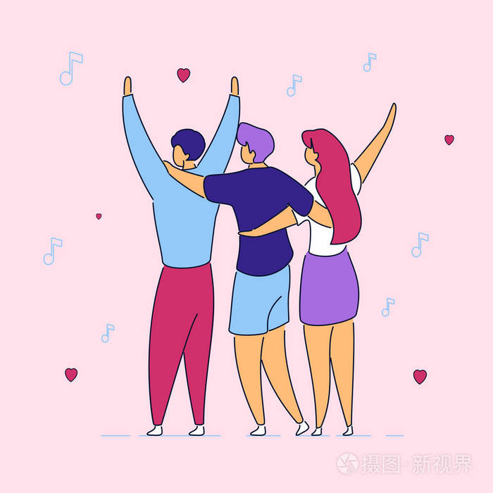 五颜六色的现代平卡通人物在示范,会议或音乐节,手绘风格上表达情感.