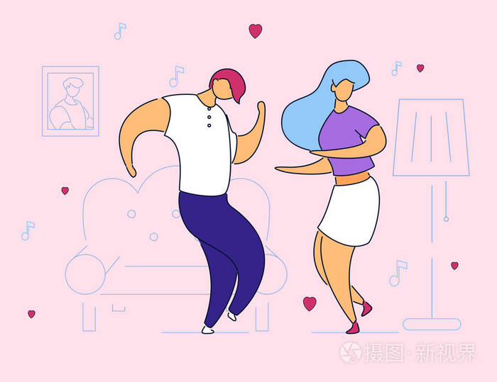 五颜六色的现代平卡通人物跳舞听音乐在家里聚会约会手绘风格平小人物