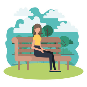 妇女坐在公园椅子与风景头像字符