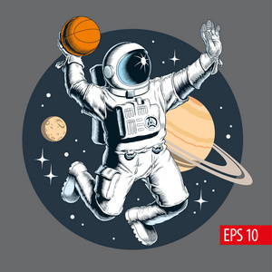 宇航员在太空打篮球.向量例证照片
