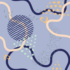 抽象线无缝模式在橙色背景.现代线条, 手绘元素, 曲线形状, 点.