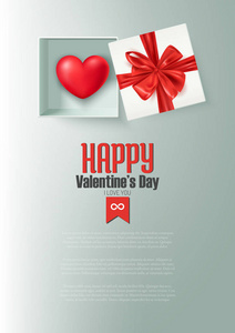 s day postcard, heart in open gift box with red bow, vector illu