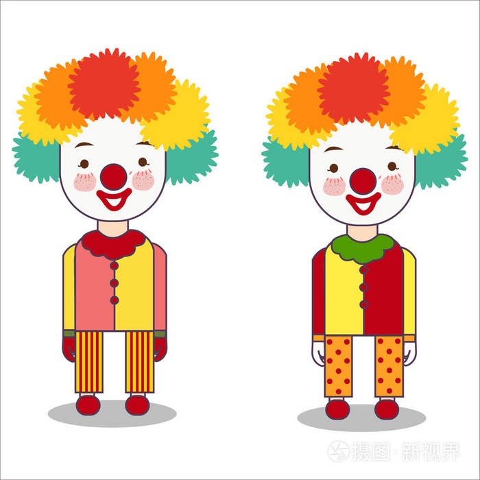 小丑的画像查出在白色背景服装与假发和红色鼻子职业平的向量