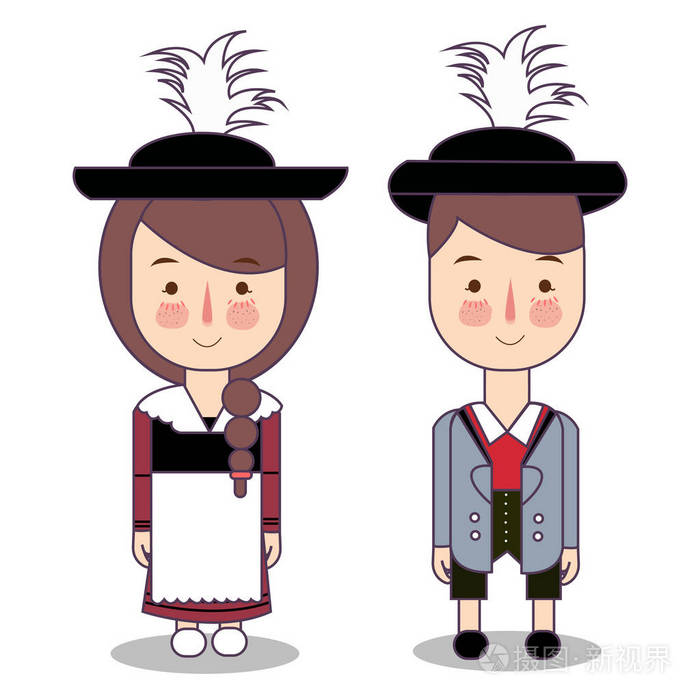 德国巴伐利亚的传统全国服装.传统服装中的卡通人物集.可爱的人.