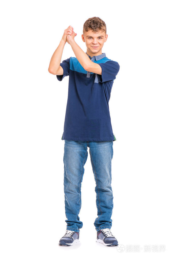 全长肖像的年轻白种人青少年男孩孤立在白色背景胜利尖叫有趣的少年