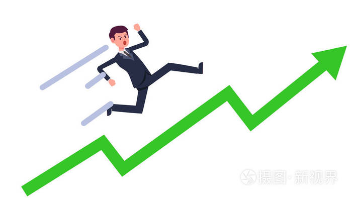 插画 年轻的商人用绿色增长的图形矢量.卡通商人用直线上升.