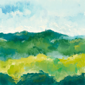 自然景观艺术绘画插图。山林景观与天空背景