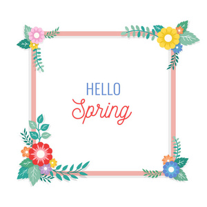 你好，春天的文字，花束，插花和树叶装饰