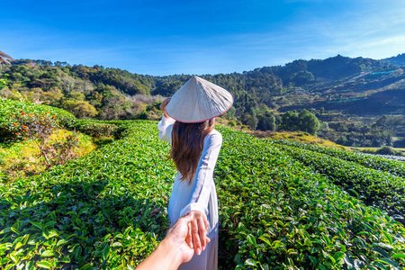 s hand and leading him to green tea field.